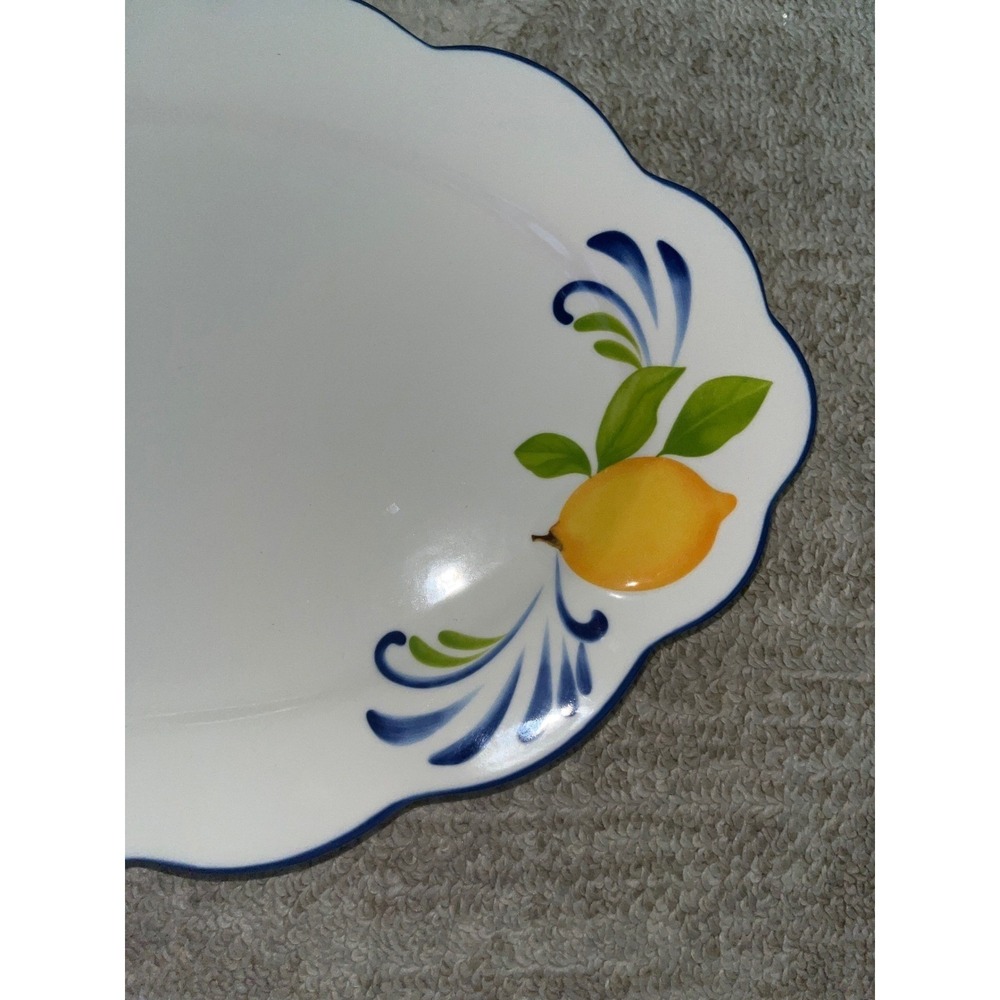 Muchoise Lemon Stoneware Serving Tray Scalloped Oval Platter Blue White Citrus - Picture 2 of 4
